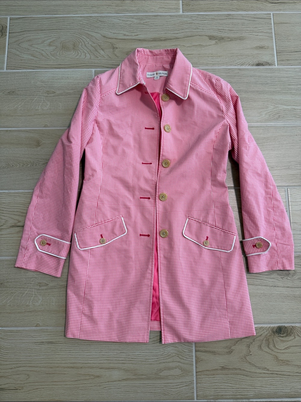 Tommy Hilfiger Pink Gingham Trench Coat with Contrast Piping